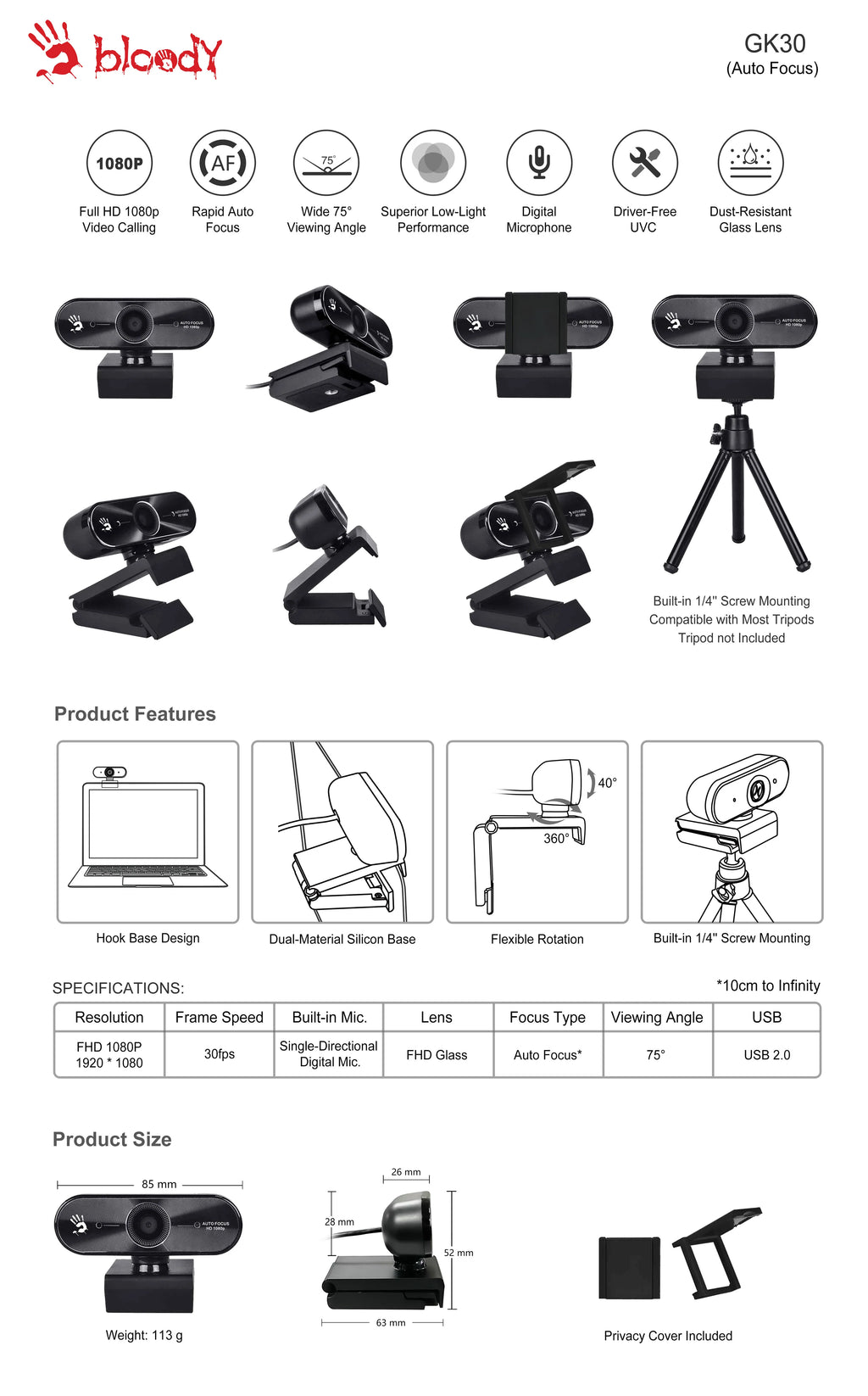 GK30 1080P Full HD Auto Focus Webcam