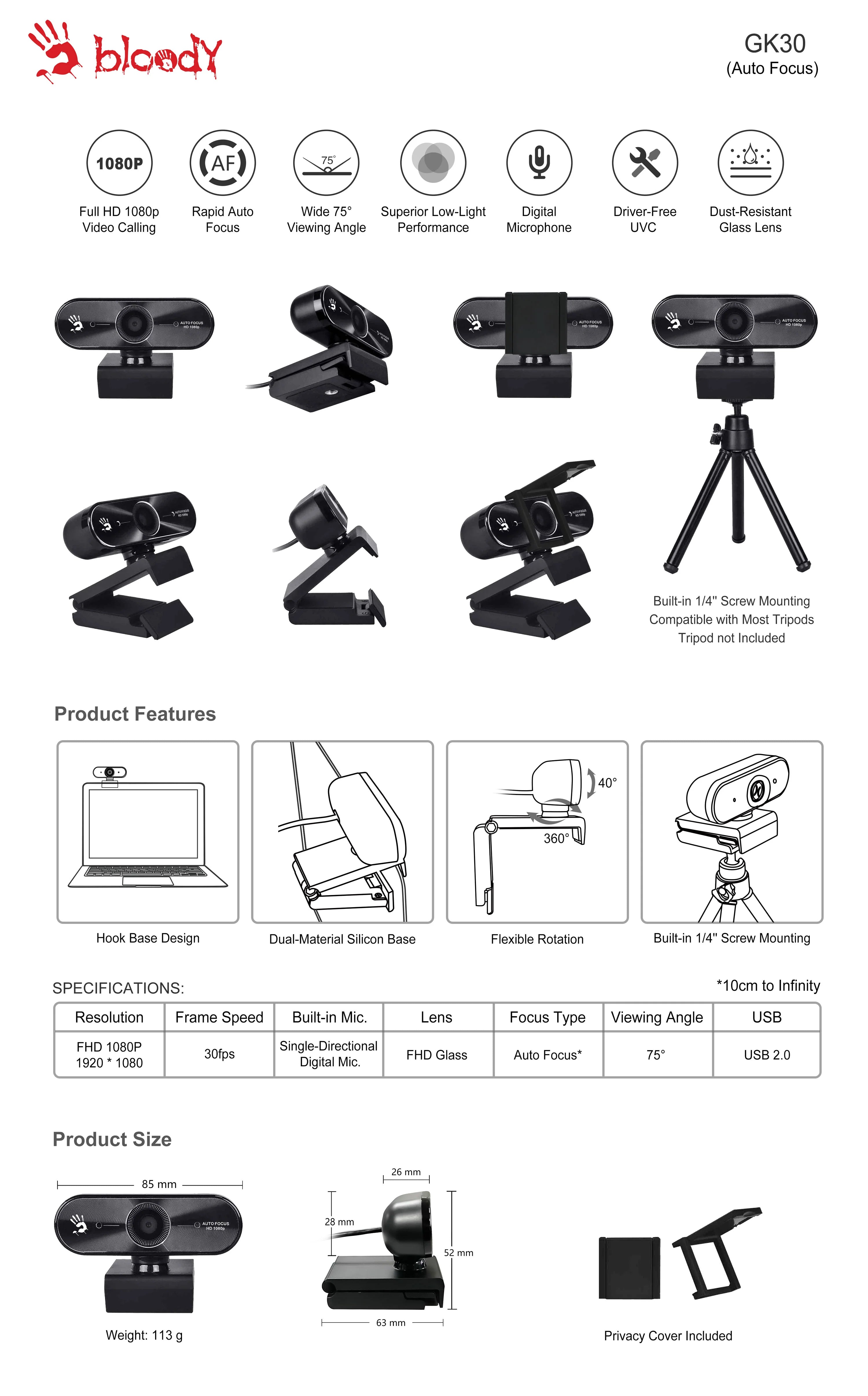 GK30 1080P Full HD Auto Focus Webcam